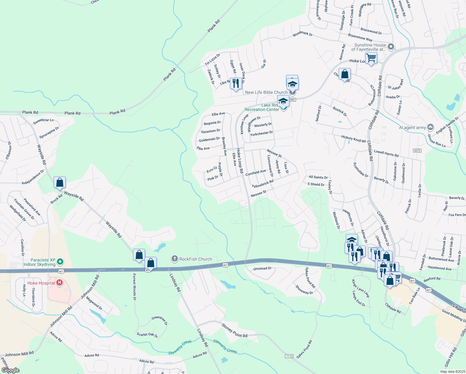 map of restaurants, bars, coffee shops, grocery stores, and more near 5911 Crown Ridge Court in Fayetteville