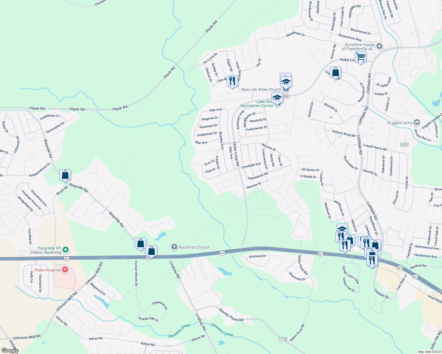 map of restaurants, bars, coffee shops, grocery stores, and more near 6001 Cornfield Avenue in Fayetteville