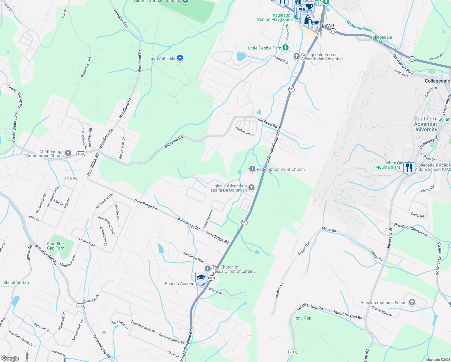 map of restaurants, bars, coffee shops, grocery stores, and more near 9407 Bennie Ln in Ooltewah