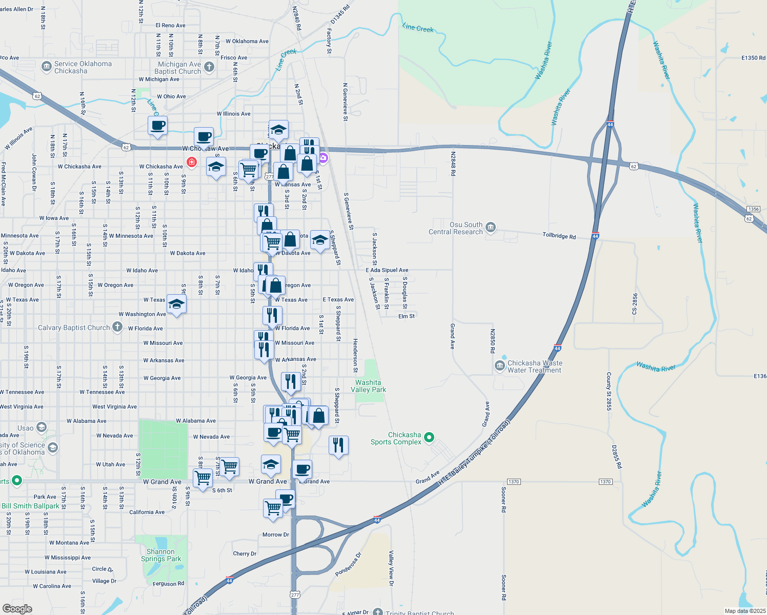 map of restaurants, bars, coffee shops, grocery stores, and more near 404 Walnut St in Chickasha
