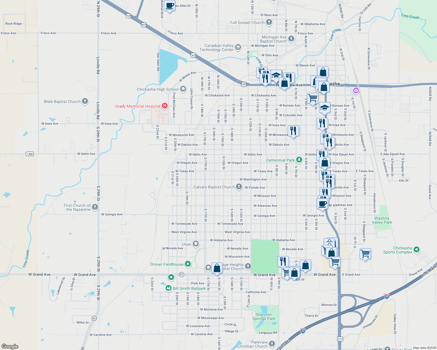 map of restaurants, bars, coffee shops, grocery stores, and more near 915 South 16th Street in Chickasha