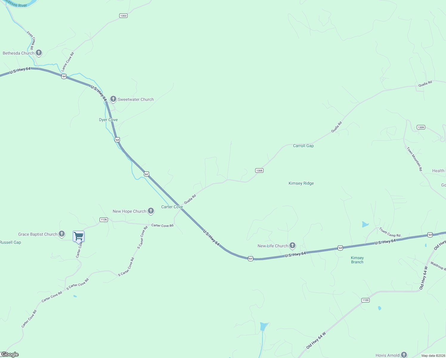 map of restaurants, bars, coffee shops, grocery stores, and more near 3274-3470 State Road 1305 in Hayesville