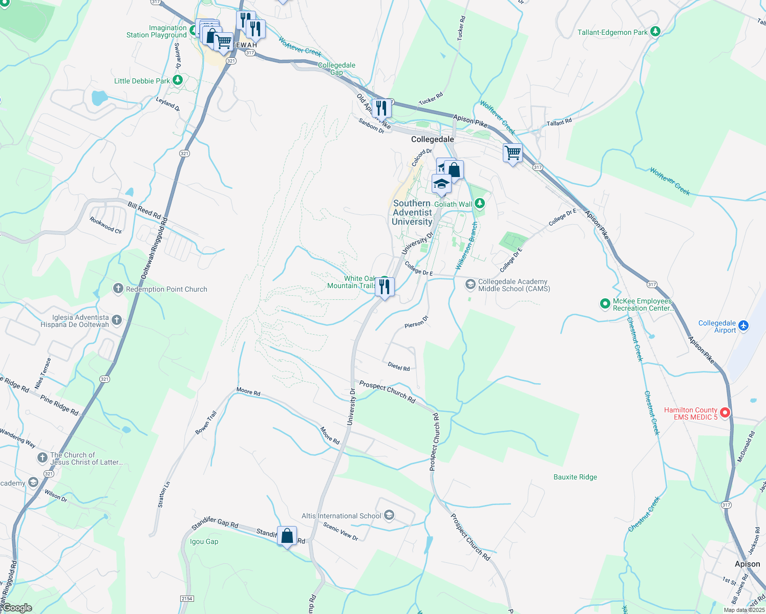map of restaurants, bars, coffee shops, grocery stores, and more near 4682 University Dr in Ooltewah