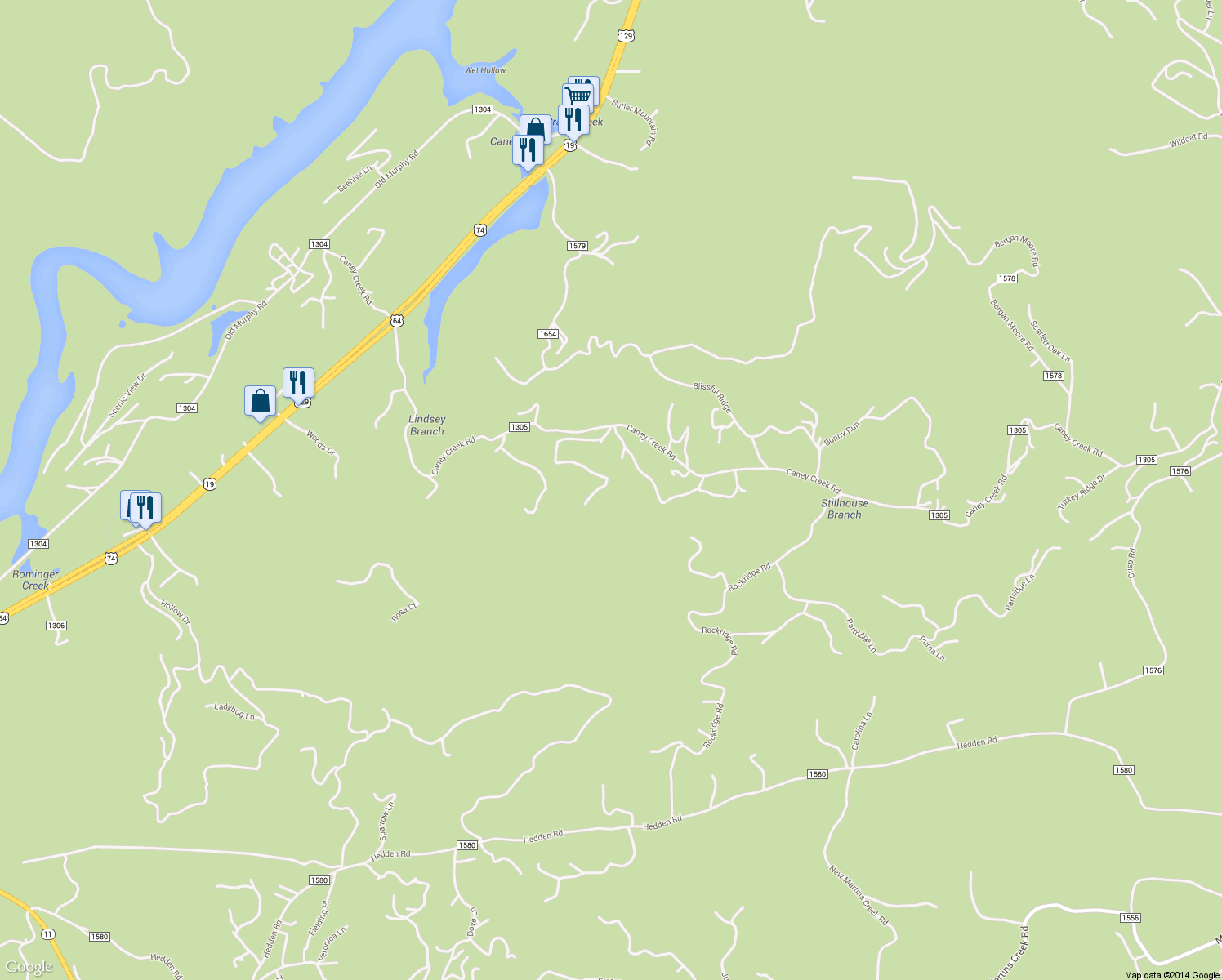 map of restaurants, bars, coffee shops, grocery stores, and more near 295 Game Bird Lane in Murphy