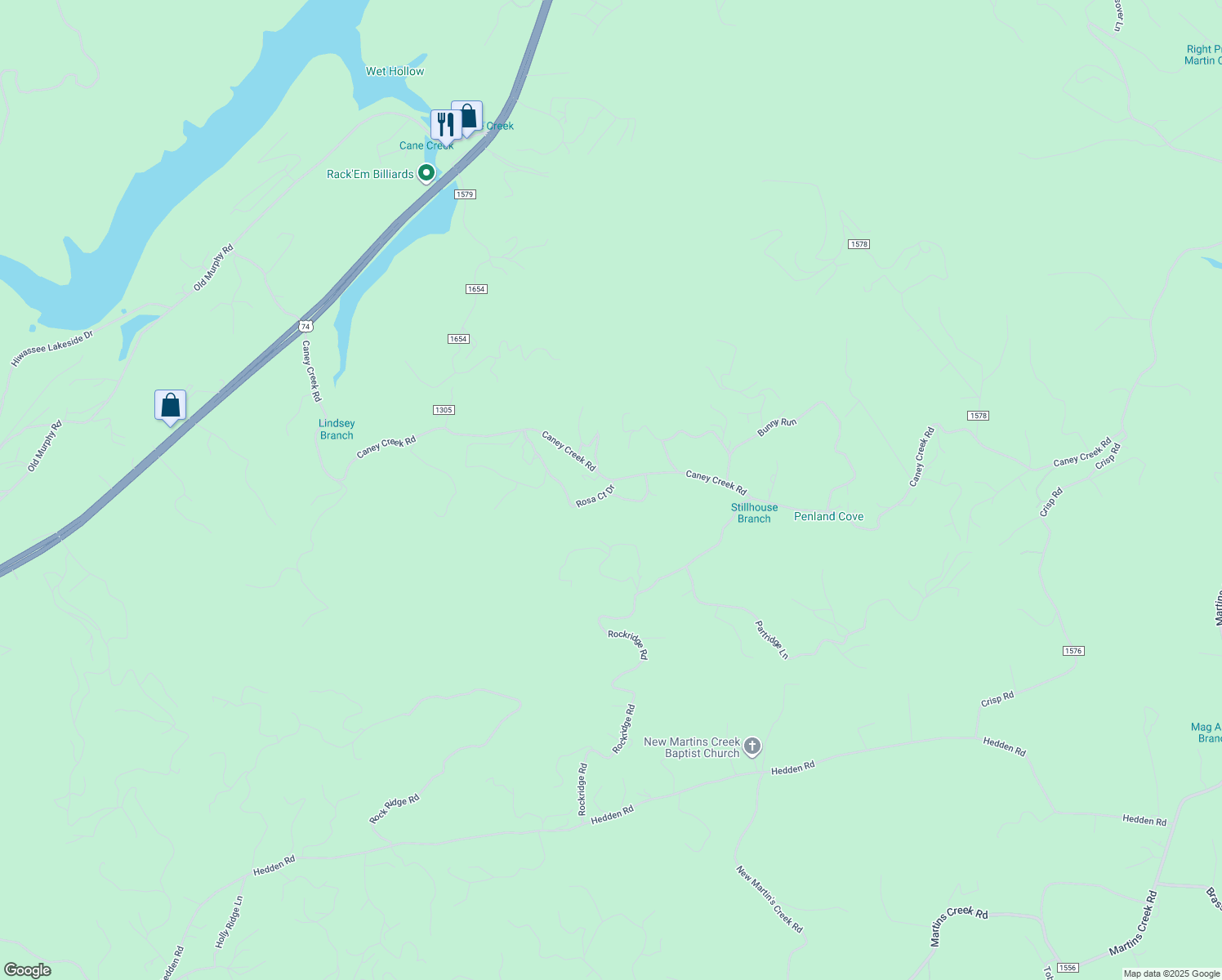 map of restaurants, bars, coffee shops, grocery stores, and more near 1762 Caney Creek Road in Murphy