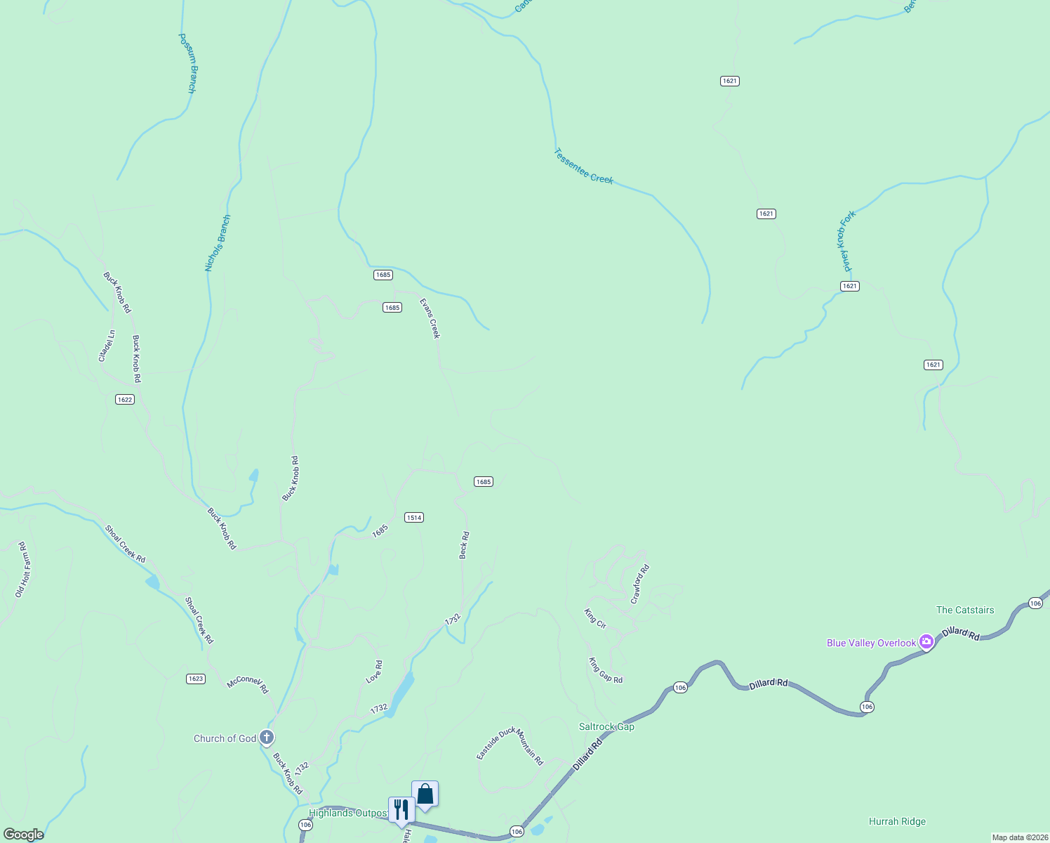 map of restaurants, bars, coffee shops, grocery stores, and more near 317 Bob Long Mountain Road in Highlands