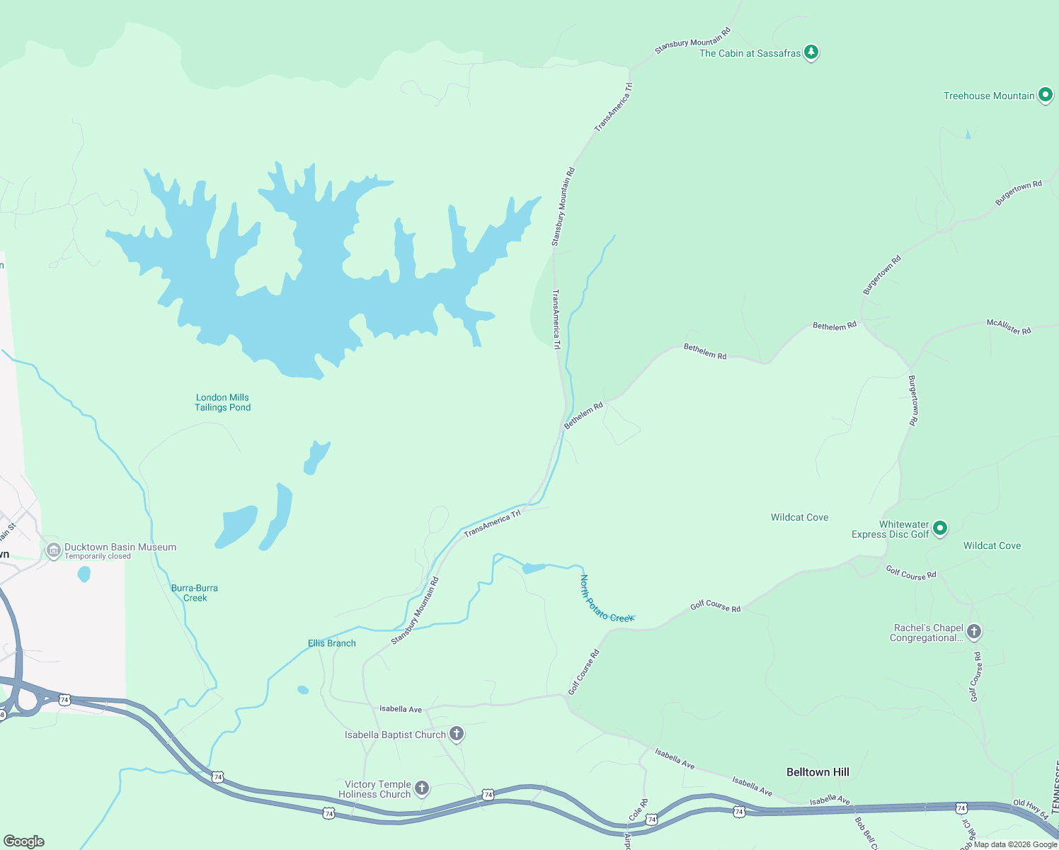 map of restaurants, bars, coffee shops, grocery stores, and more near 615 Stansbury Mountain Road in Copperhill