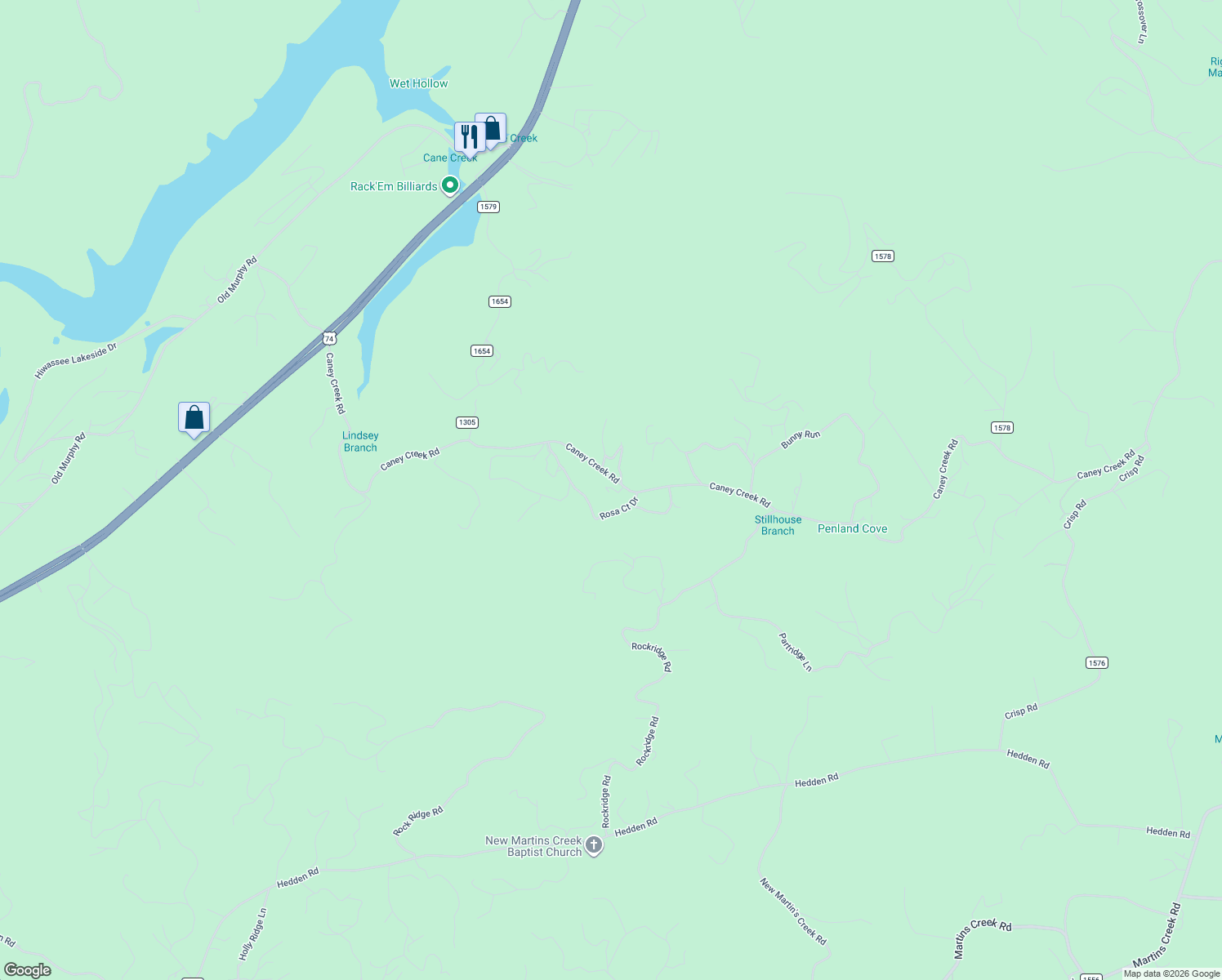 map of restaurants, bars, coffee shops, grocery stores, and more near 1720 Caney Creek Road in Murphy