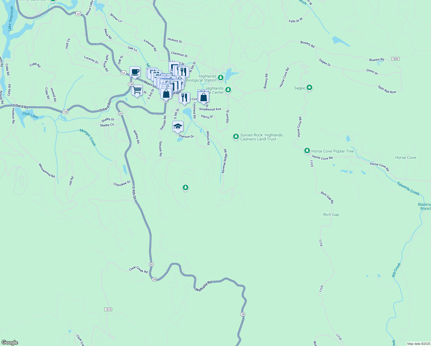 map of restaurants, bars, coffee shops, grocery stores, and more near 280 Satulah Ridge Road in Highlands