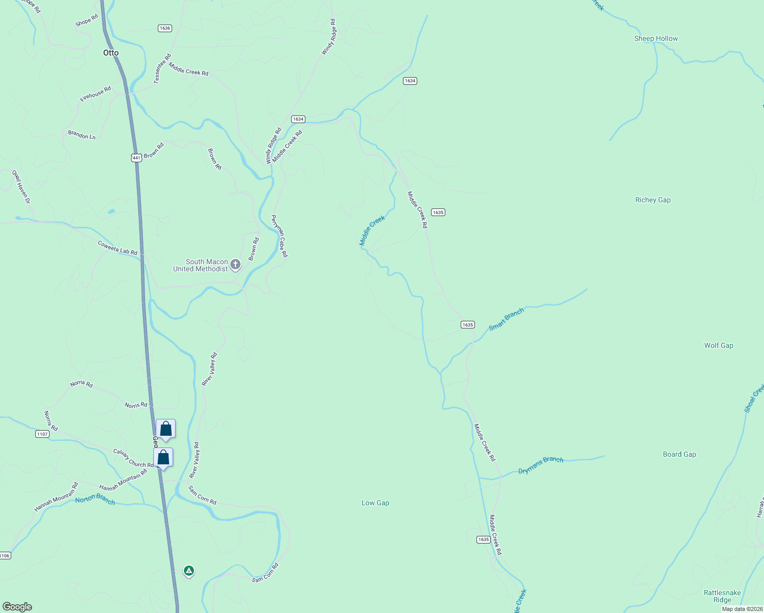 map of restaurants, bars, coffee shops, grocery stores, and more near 581 West Middle Creek Road in Otto