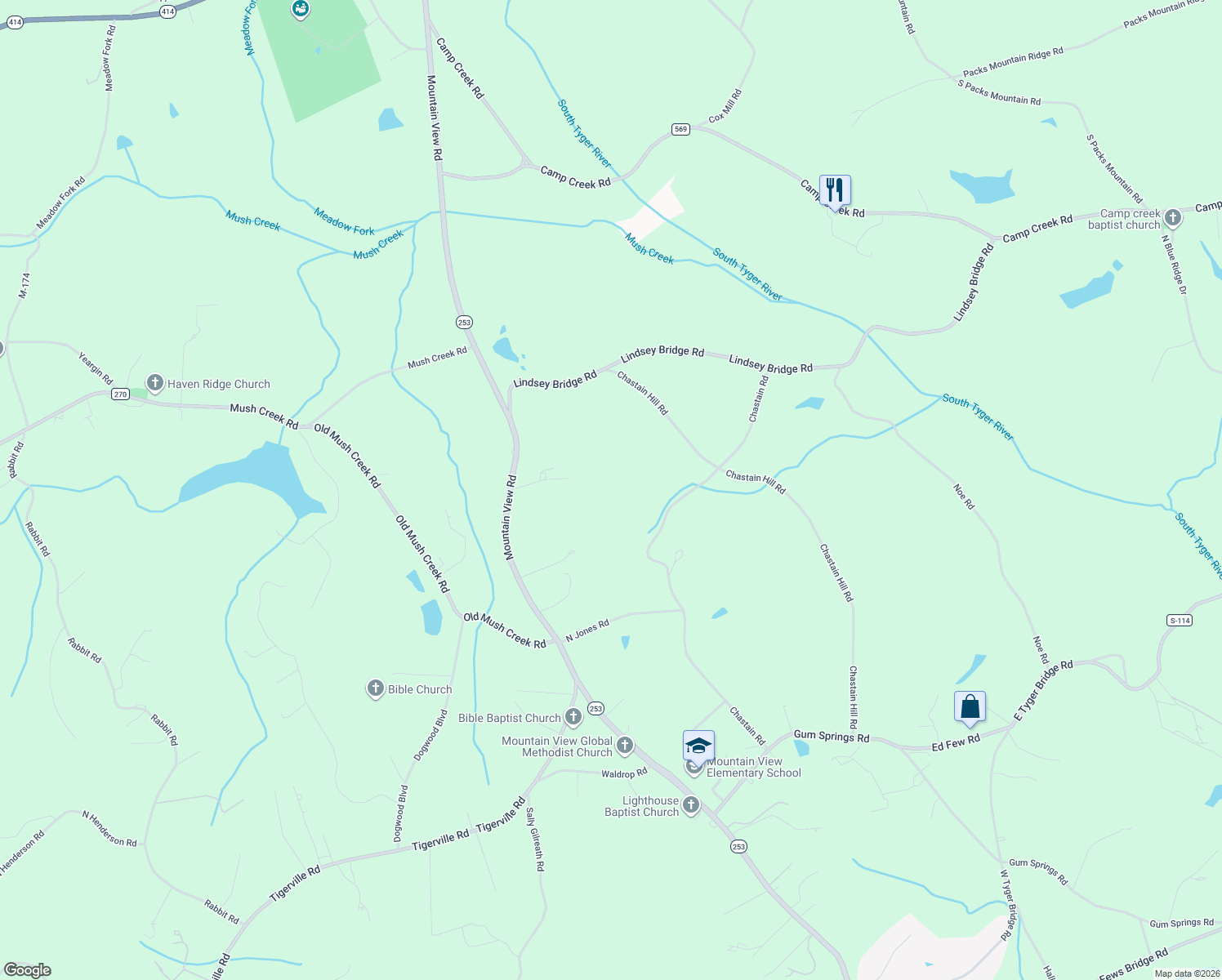 map of restaurants, bars, coffee shops, grocery stores, and more near 7004 Mountain View Road in Taylors