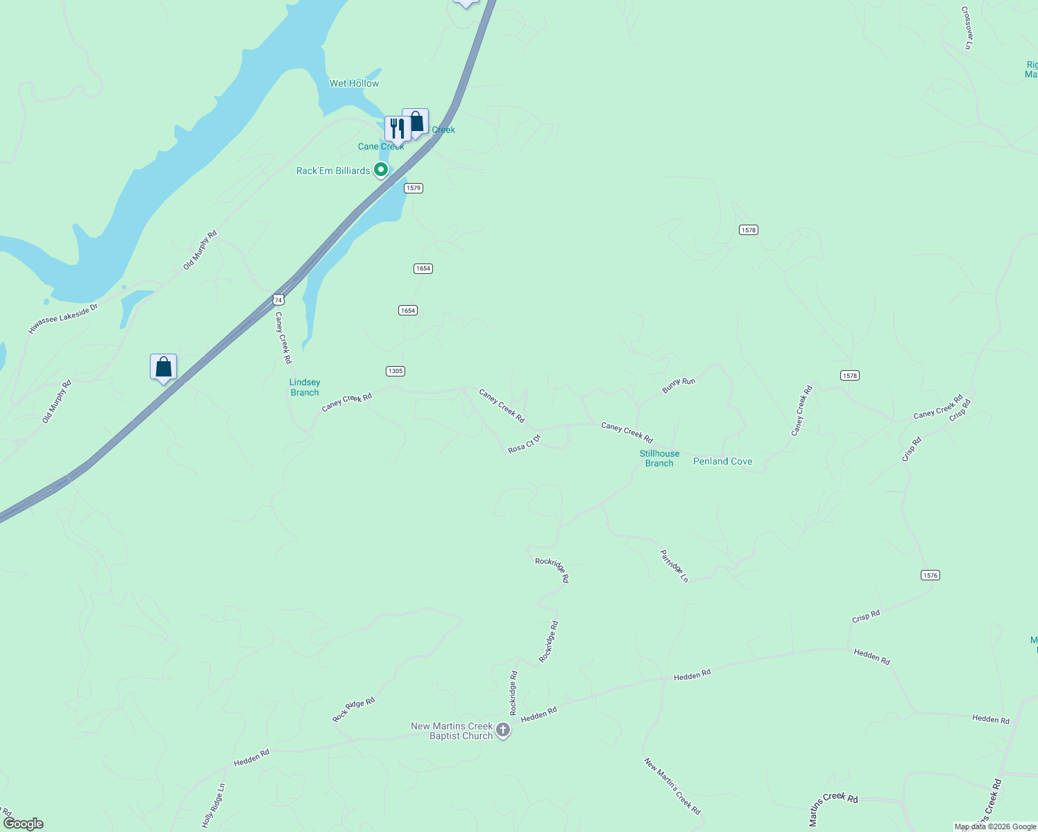 map of restaurants, bars, coffee shops, grocery stores, and more near 1720 Caney Creek Road in Murphy