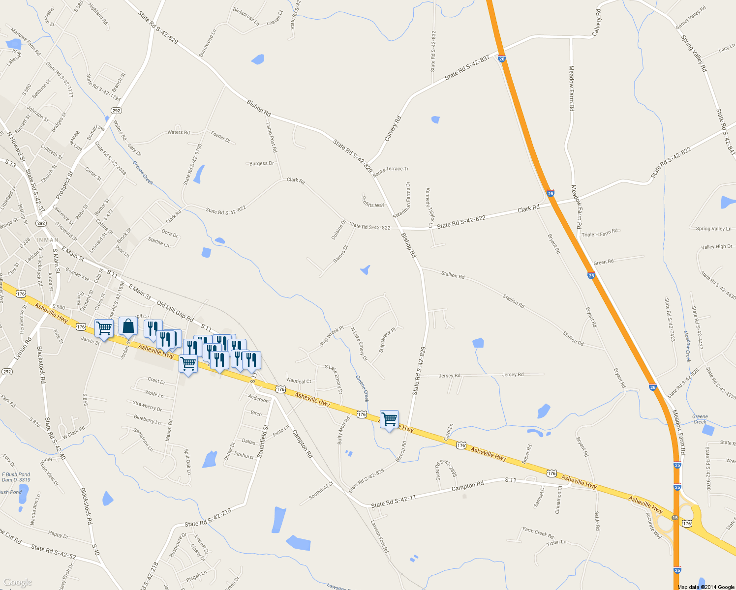 map of restaurants, bars, coffee shops, grocery stores, and more near 771 Ship Wreck Place in Inman