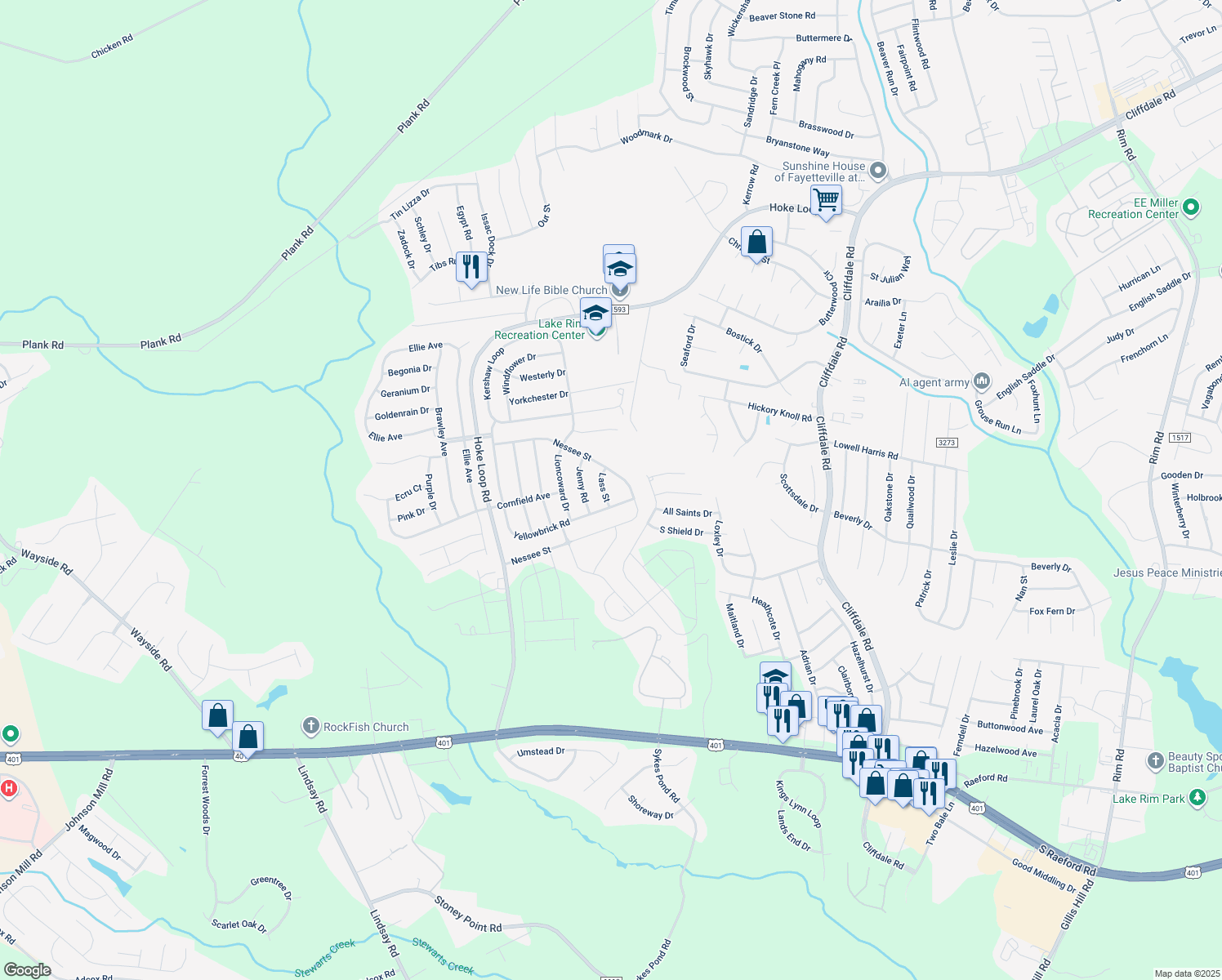 map of restaurants, bars, coffee shops, grocery stores, and more near 1921 Lass Street in Fayetteville