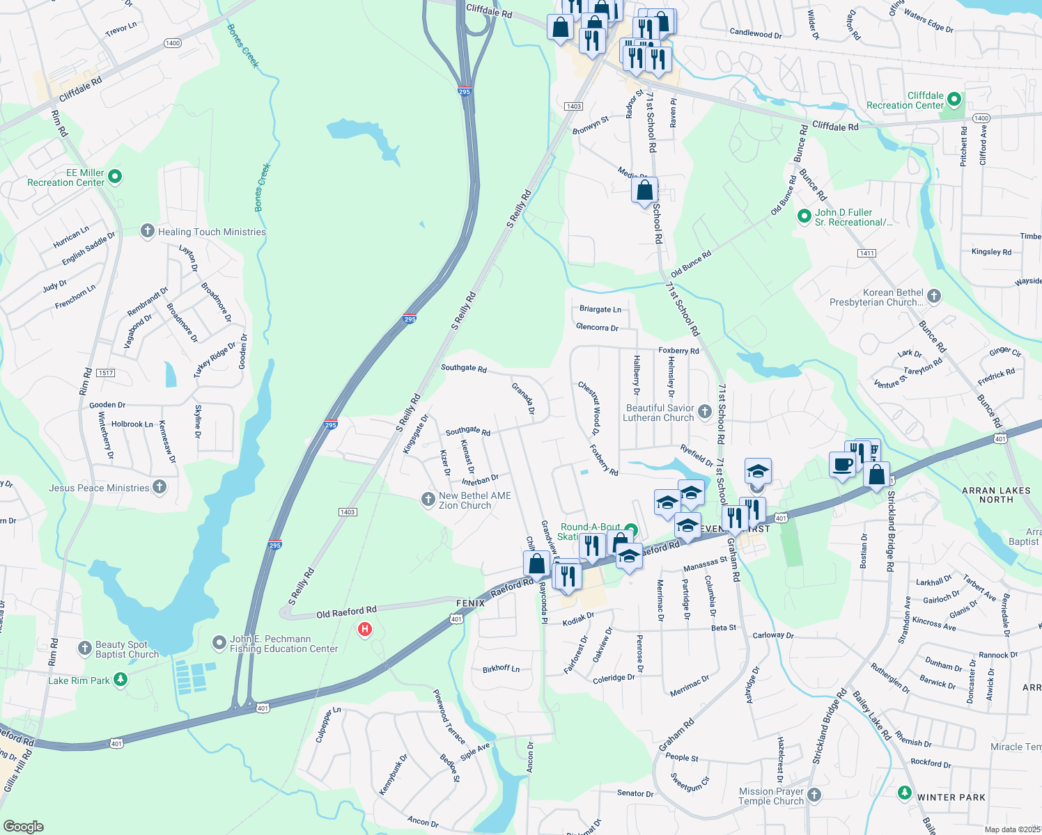map of restaurants, bars, coffee shops, grocery stores, and more near 1423 Grandview Drive in Fayetteville