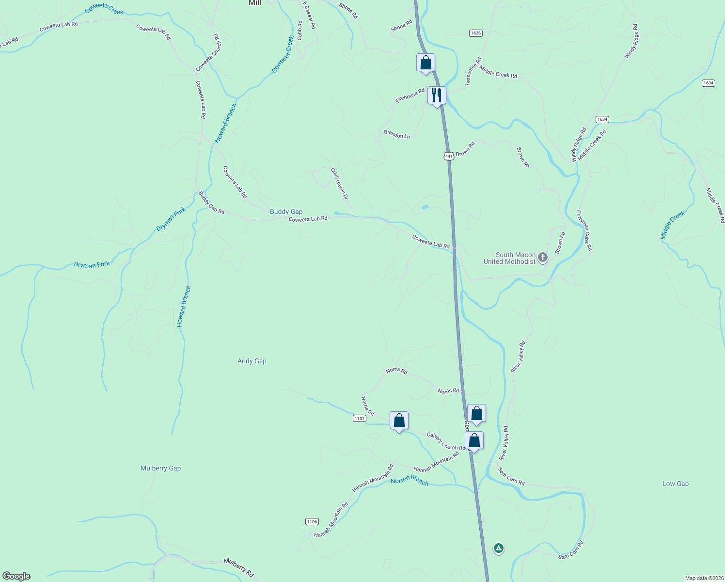 map of restaurants, bars, coffee shops, grocery stores, and more near 325 Cricket Creek Road in Otto