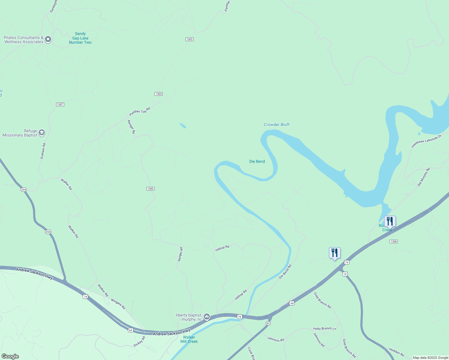 map of restaurants, bars, coffee shops, grocery stores, and more near 2121 Die Bend Road in Murphy
