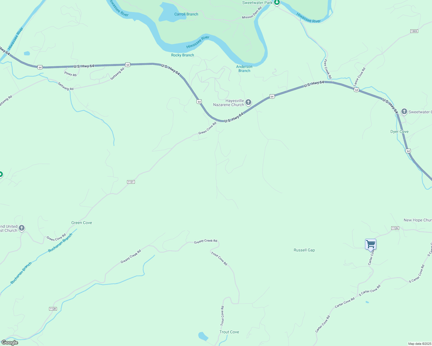 map of restaurants, bars, coffee shops, grocery stores, and more near 459 Caldwell Road in Brasstown