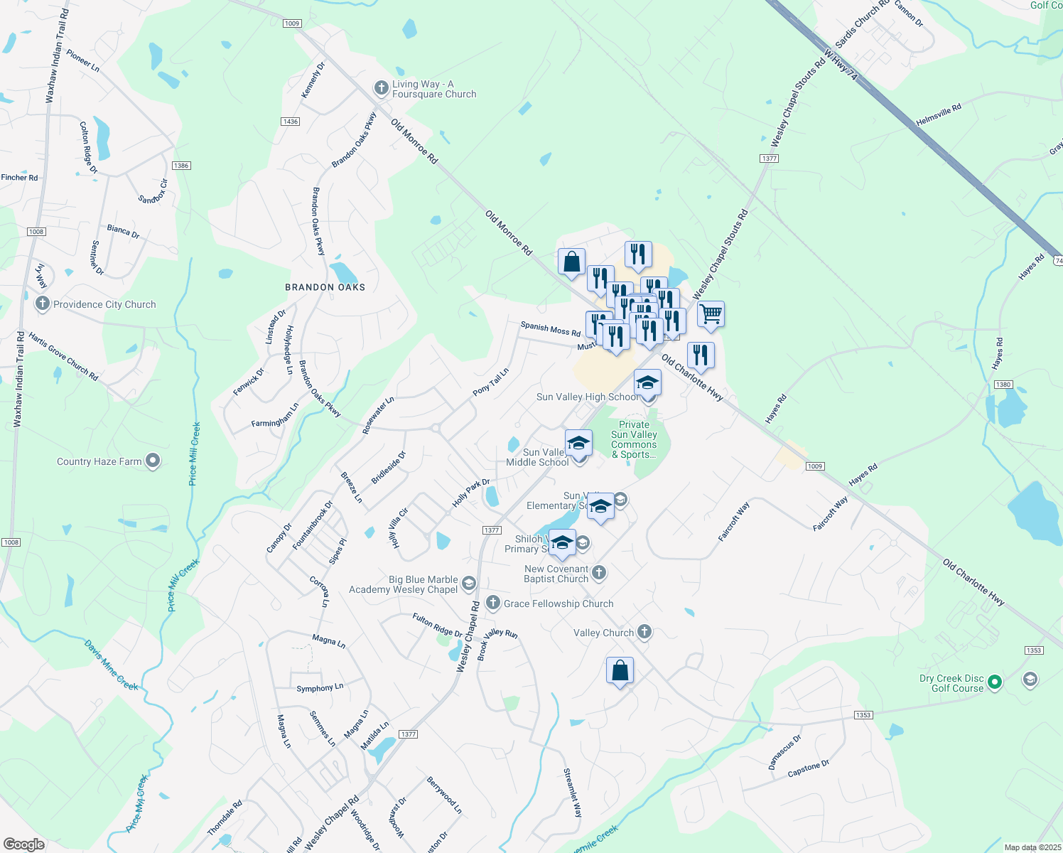 map of restaurants, bars, coffee shops, grocery stores, and more near 1080 Shumard Circle in Indian Trail