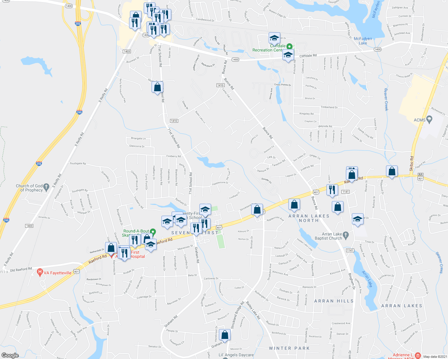 map of restaurants, bars, coffee shops, grocery stores, and more near 1430 Old Town Drive in Fayetteville