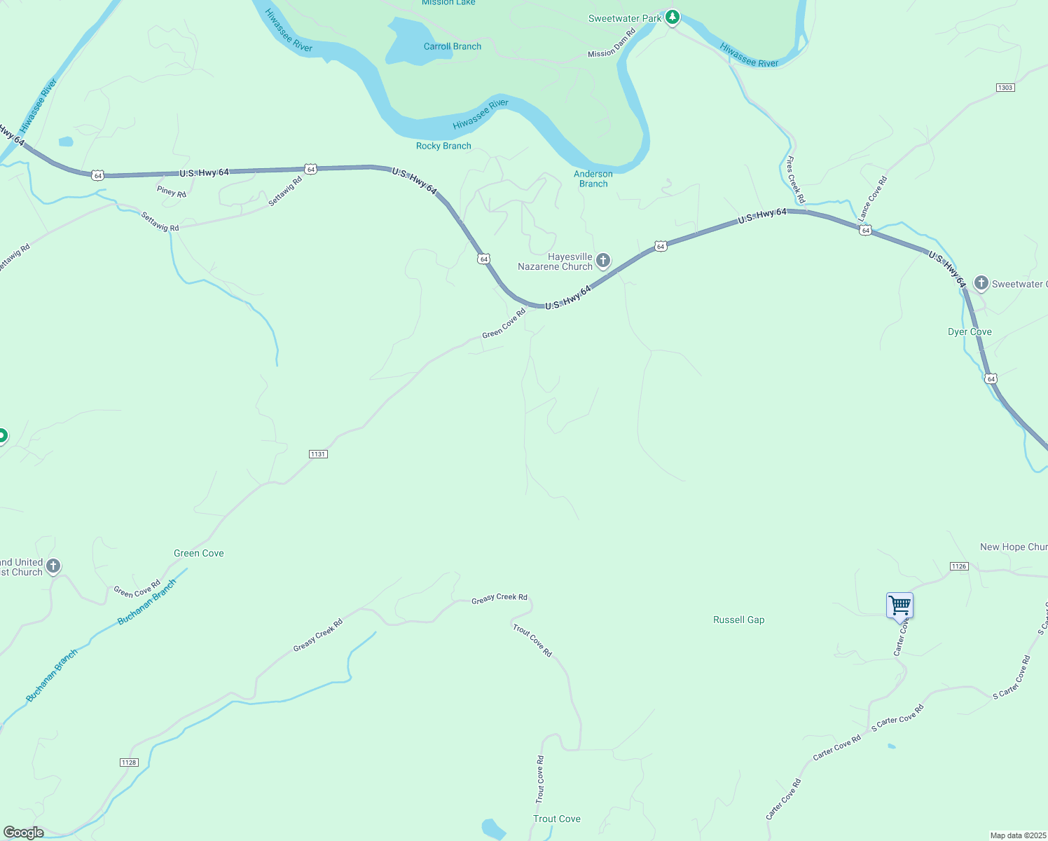 map of restaurants, bars, coffee shops, grocery stores, and more near 191-459 Caldwell Road in Brasstown