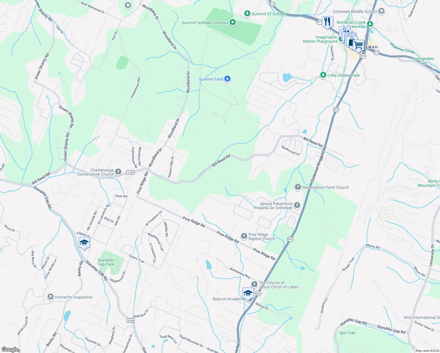 map of restaurants, bars, coffee shops, grocery stores, and more near 9305 Bennie Lane in Ooltewah