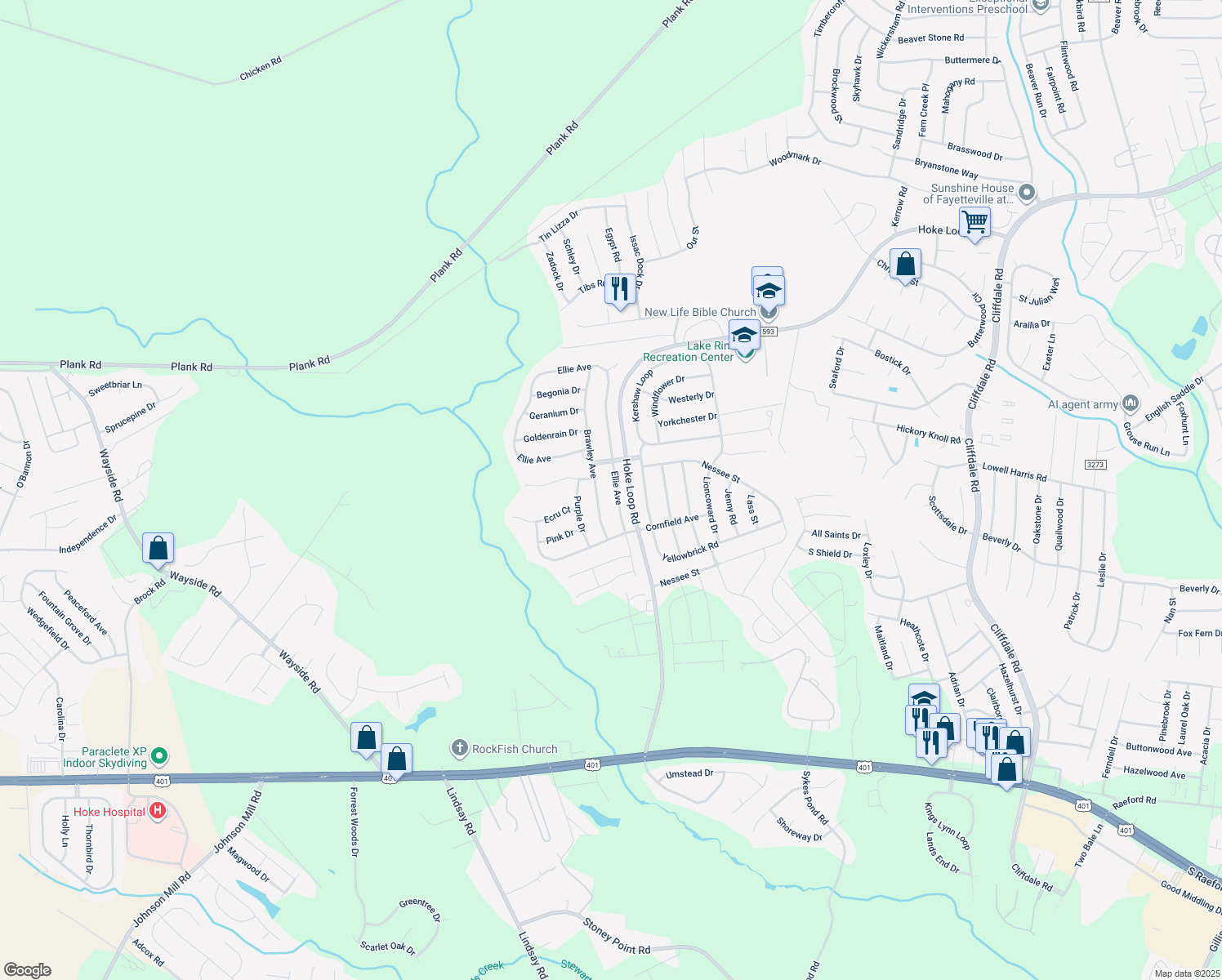 map of restaurants, bars, coffee shops, grocery stores, and more near 1916 Ellie Avenue in Fayetteville