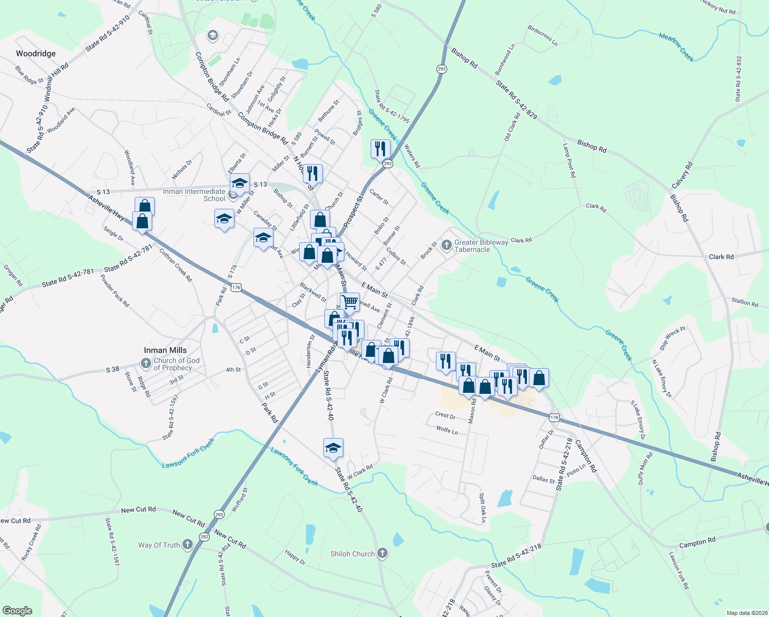 map of restaurants, bars, coffee shops, grocery stores, and more near 29 Gosnell Avenue in Inman