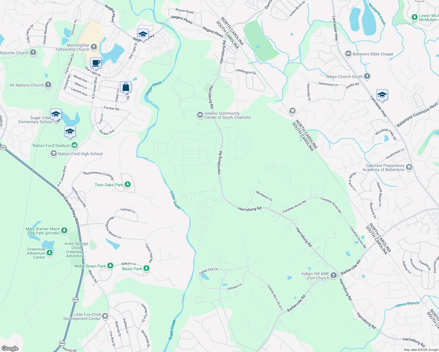 map of restaurants, bars, coffee shops, grocery stores, and more near 11557 Harrisburg Road in Fort Mill