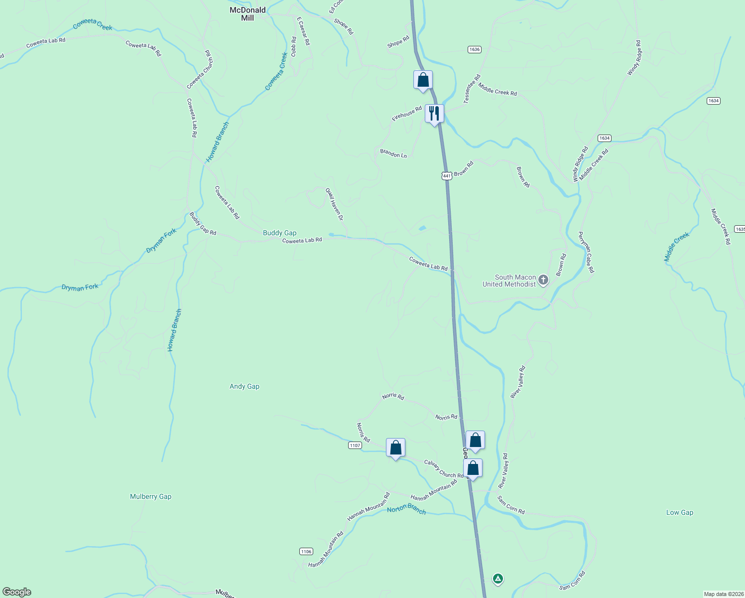 map of restaurants, bars, coffee shops, grocery stores, and more near 325 Cricket Creek Road in Otto