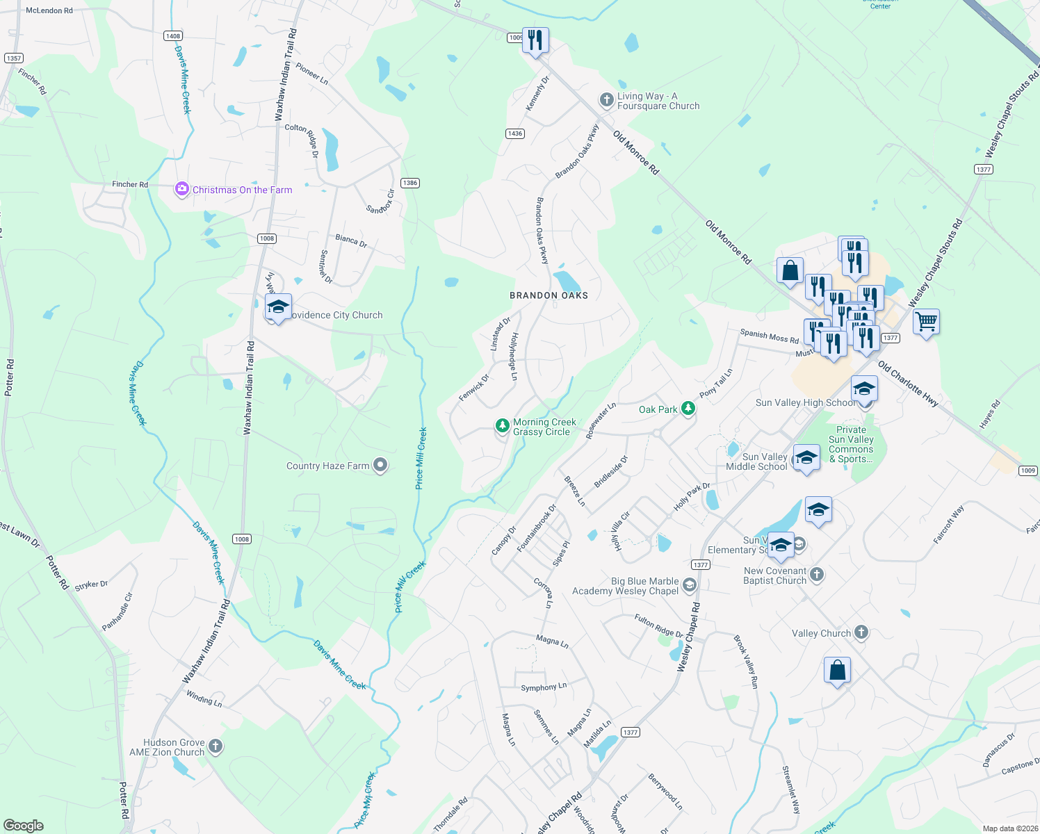 map of restaurants, bars, coffee shops, grocery stores, and more near 1013 Farmingham Lane in Indian Trail