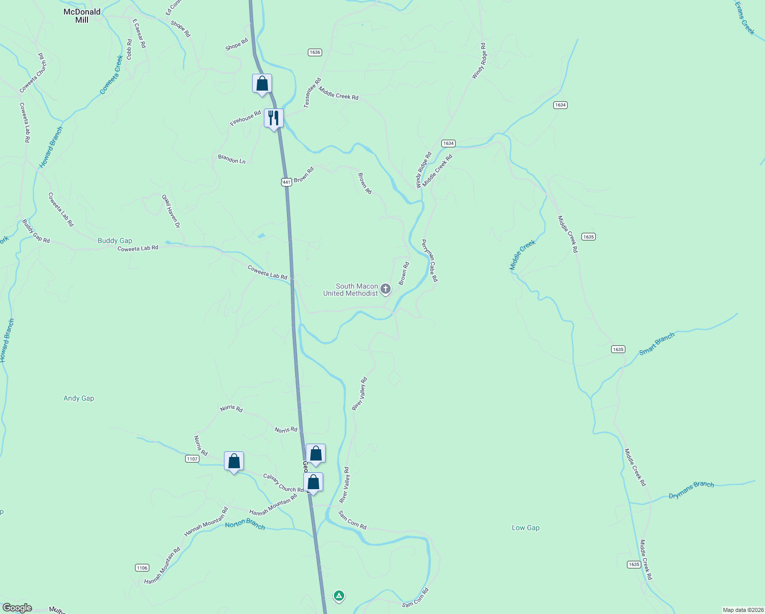 map of restaurants, bars, coffee shops, grocery stores, and more near 22 Joe Bradley Road in Otto