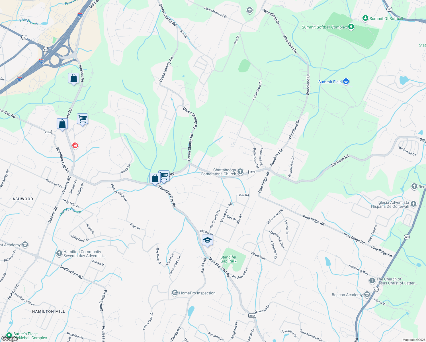 map of restaurants, bars, coffee shops, grocery stores, and more near 8211 Bill Reed Road in Ooltewah