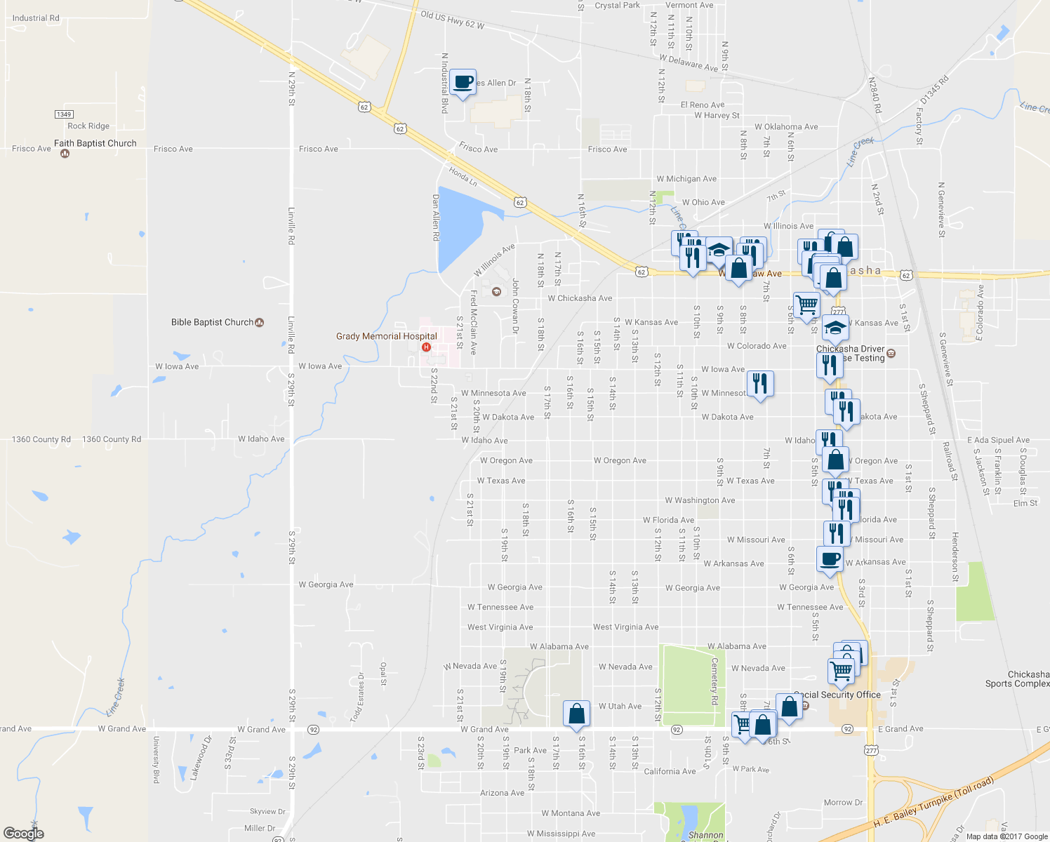 map of restaurants, bars, coffee shops, grocery stores, and more near 618 South 18th Street in Chickasha