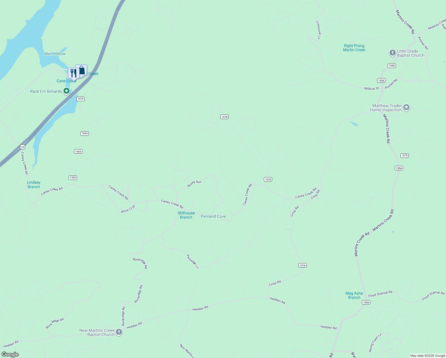 map of restaurants, bars, coffee shops, grocery stores, and more near 270 Setting Sun Lane in Murphy