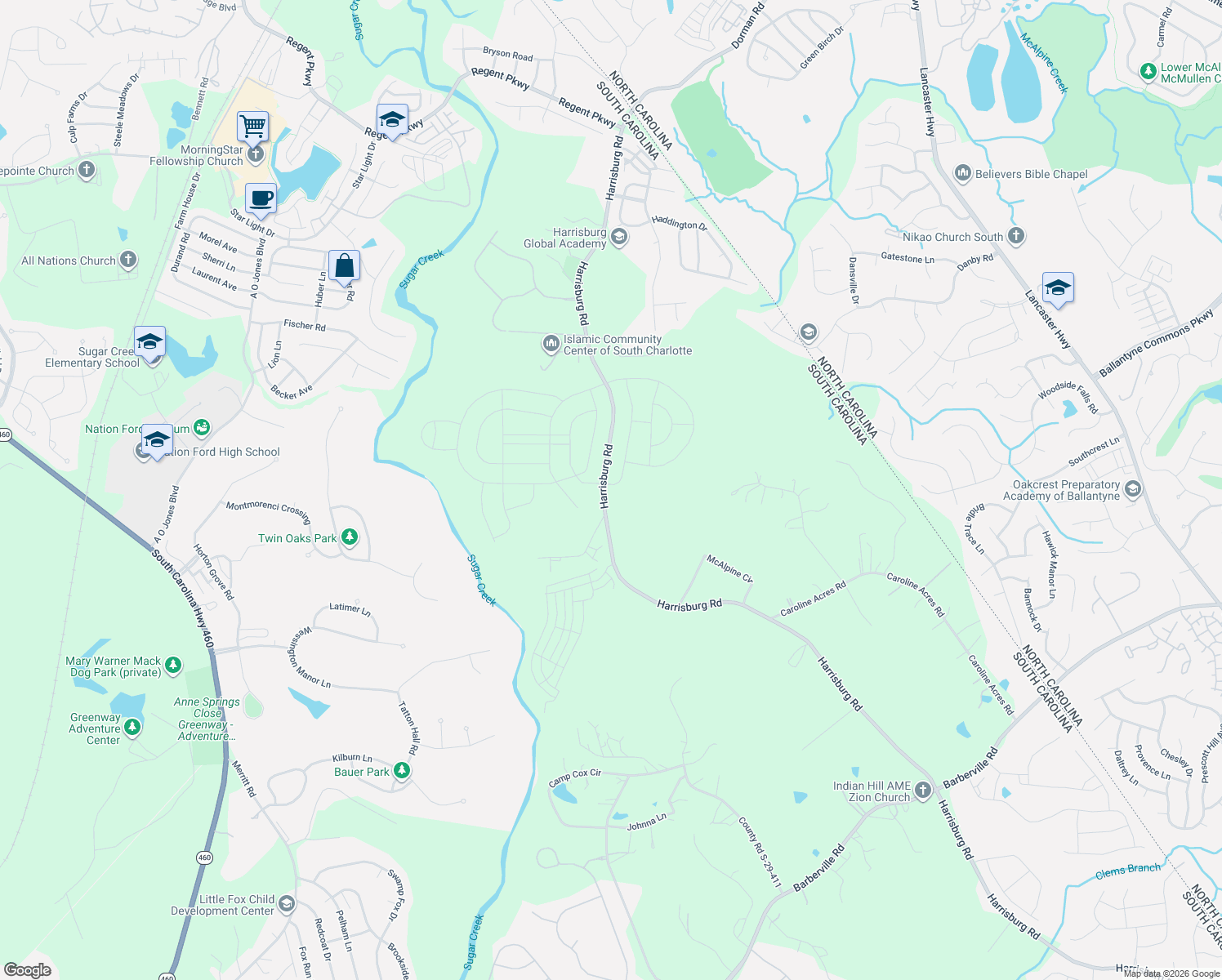 map of restaurants, bars, coffee shops, grocery stores, and more near 11656 Harrisburg Road in Indian Land