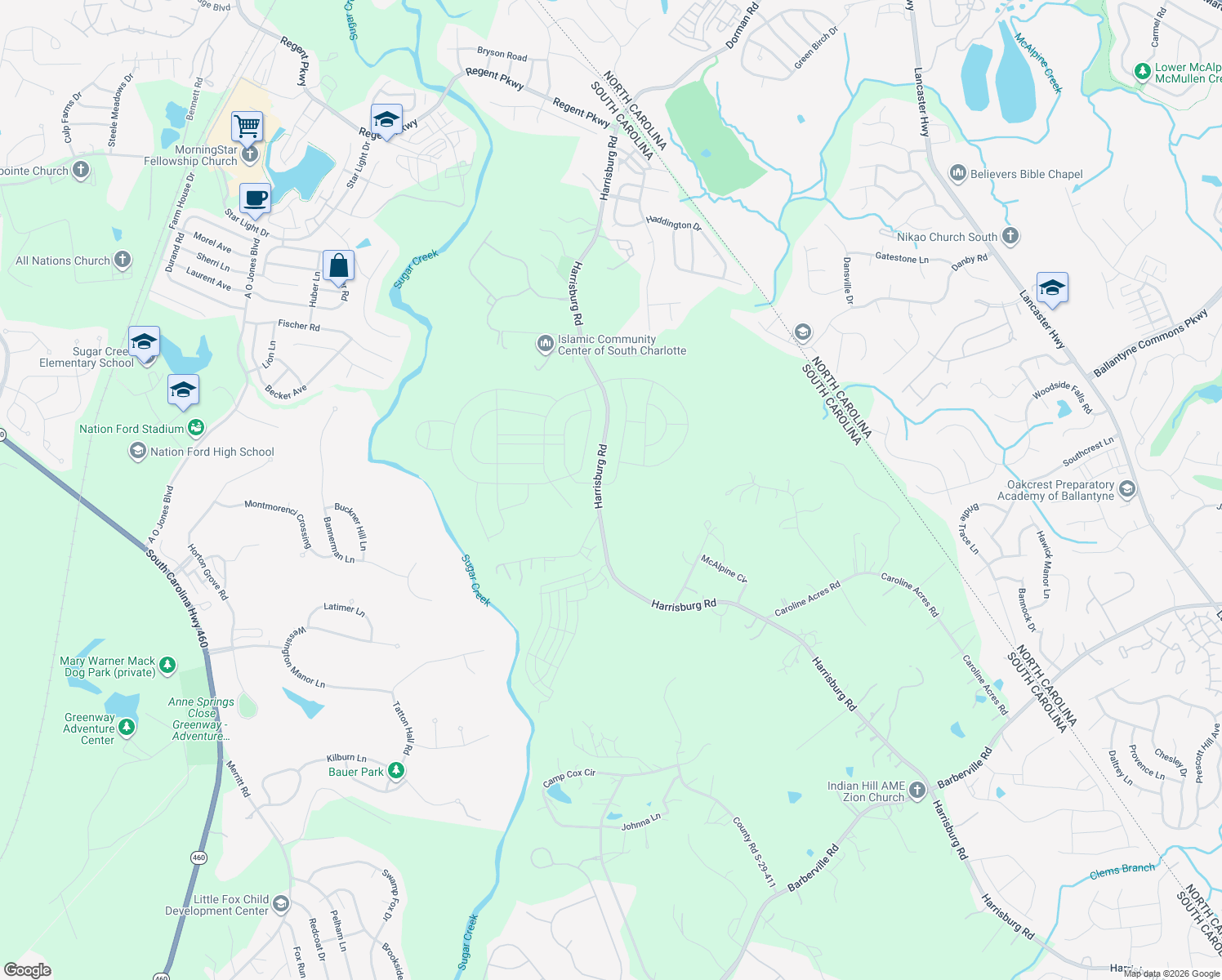 map of restaurants, bars, coffee shops, grocery stores, and more near 11656 Harrisburg Road in Indian Land