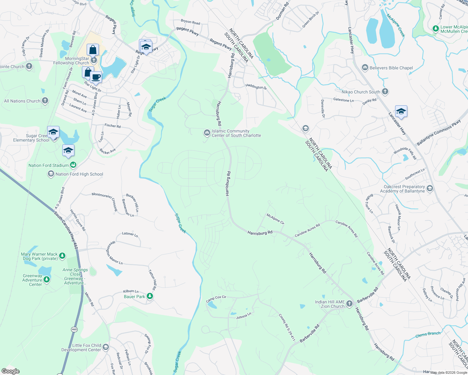 map of restaurants, bars, coffee shops, grocery stores, and more near 11656 Harrisburg Road in Indian Land