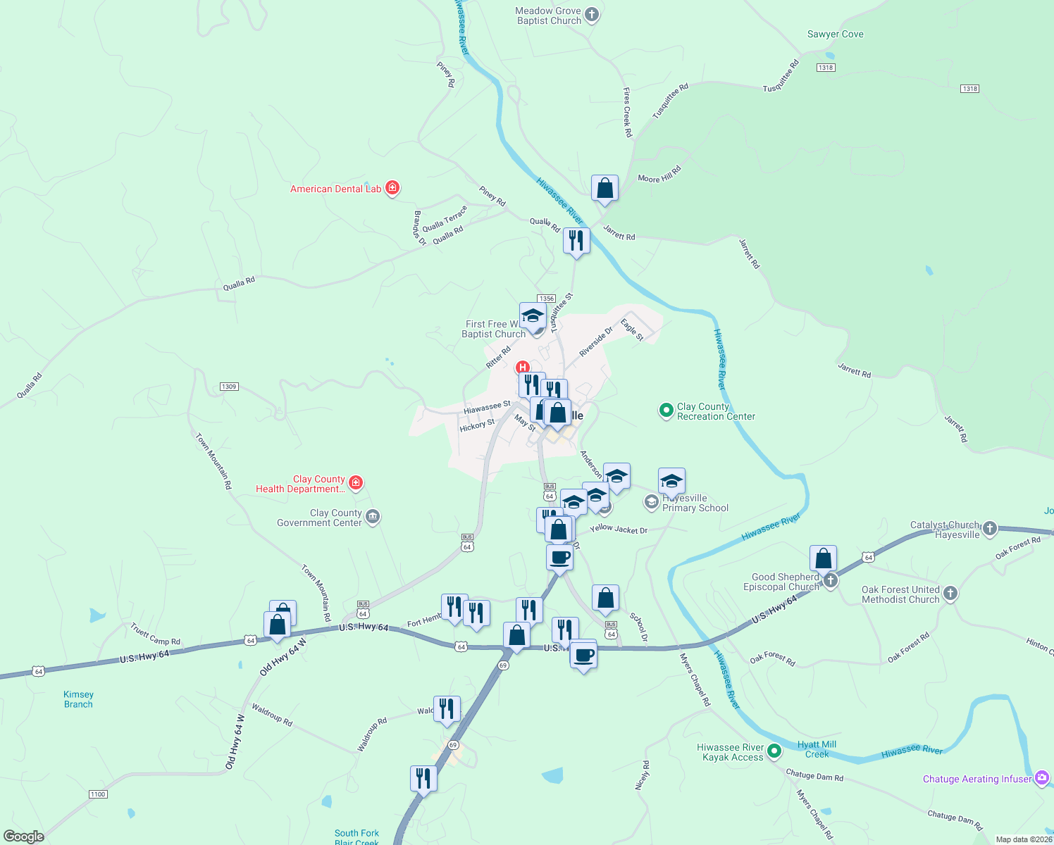map of restaurants, bars, coffee shops, grocery stores, and more near 67 May St in Hayesville