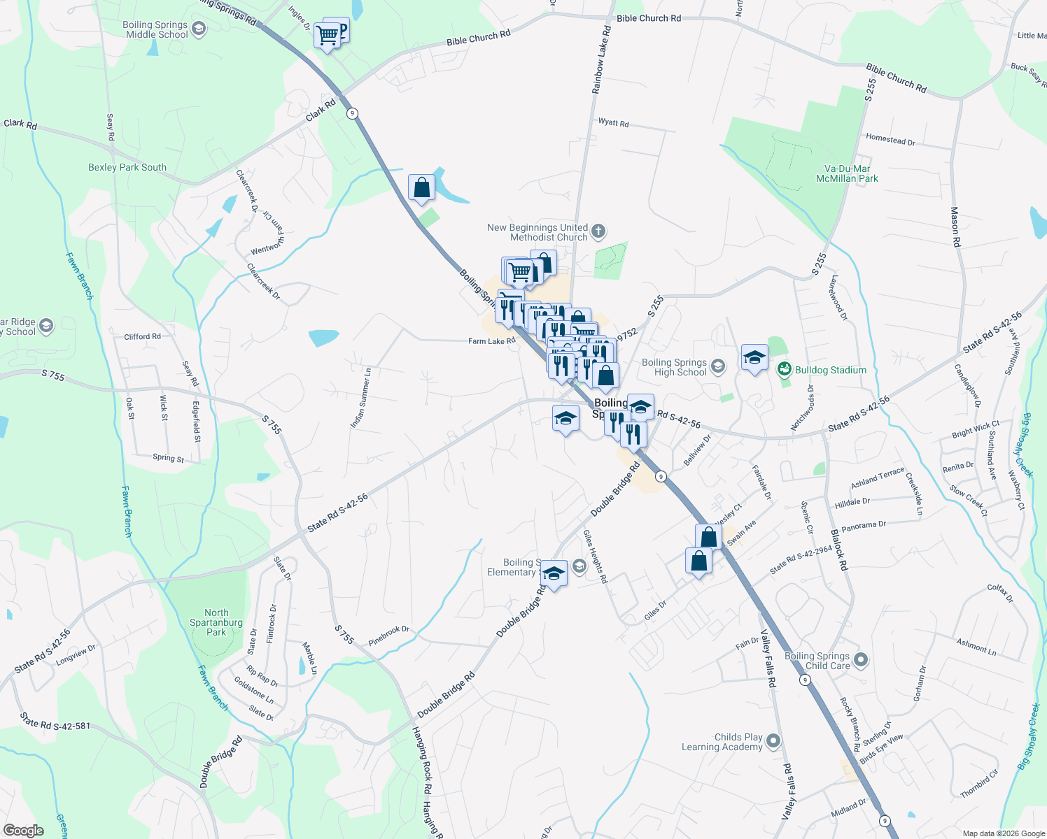 map of restaurants, bars, coffee shops, grocery stores, and more near 126 Schoolyard Road in Boiling Springs