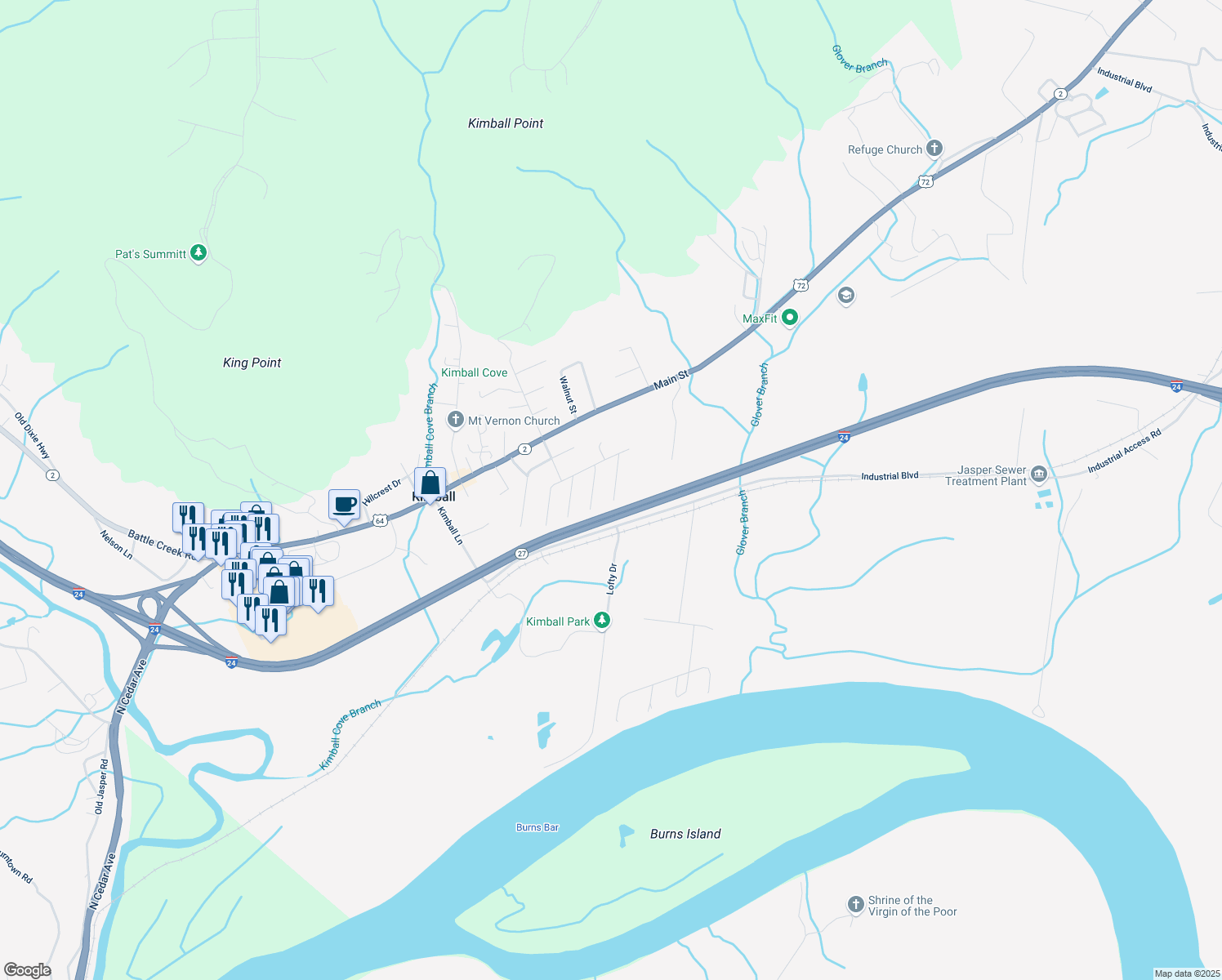 map of restaurants, bars, coffee shops, grocery stores, and more near 194 Byron St in Kimball