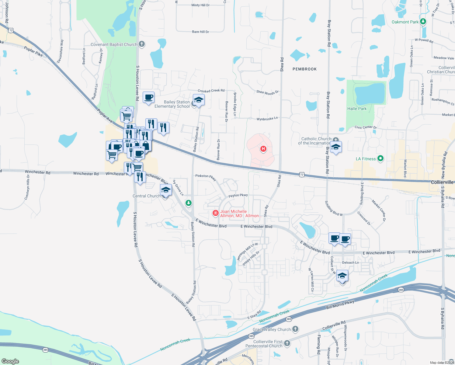 map of restaurants, bars, coffee shops, grocery stores, and more near 1735 Village Ridge Road in Collierville