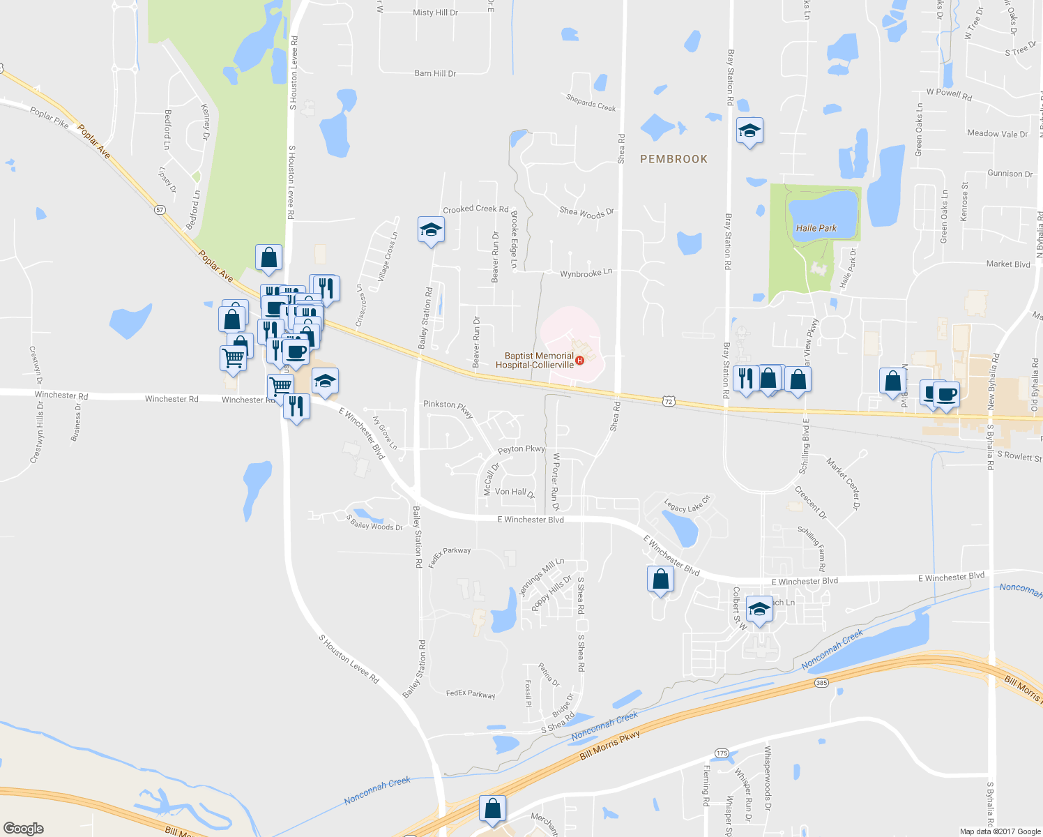 map of restaurants, bars, coffee shops, grocery stores, and more near 1715 Wainwright Court in Collierville