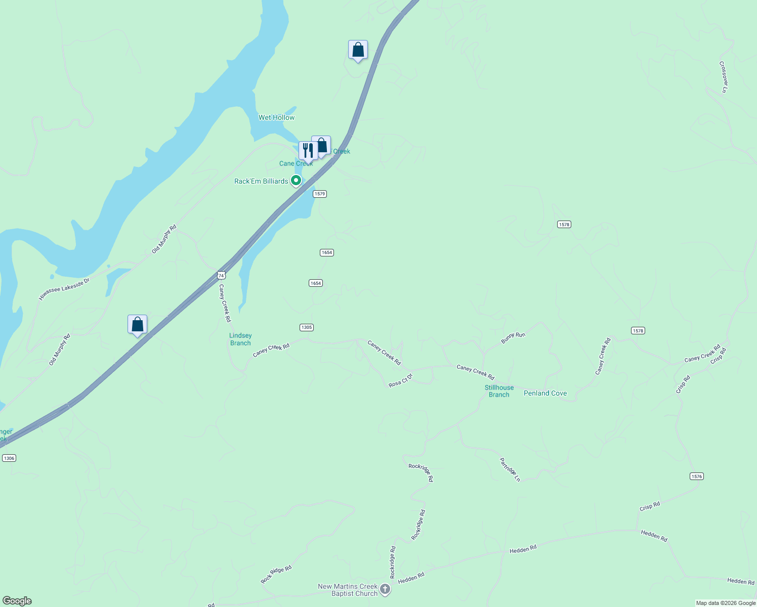 map of restaurants, bars, coffee shops, grocery stores, and more near Blissful Ridge in Murphy