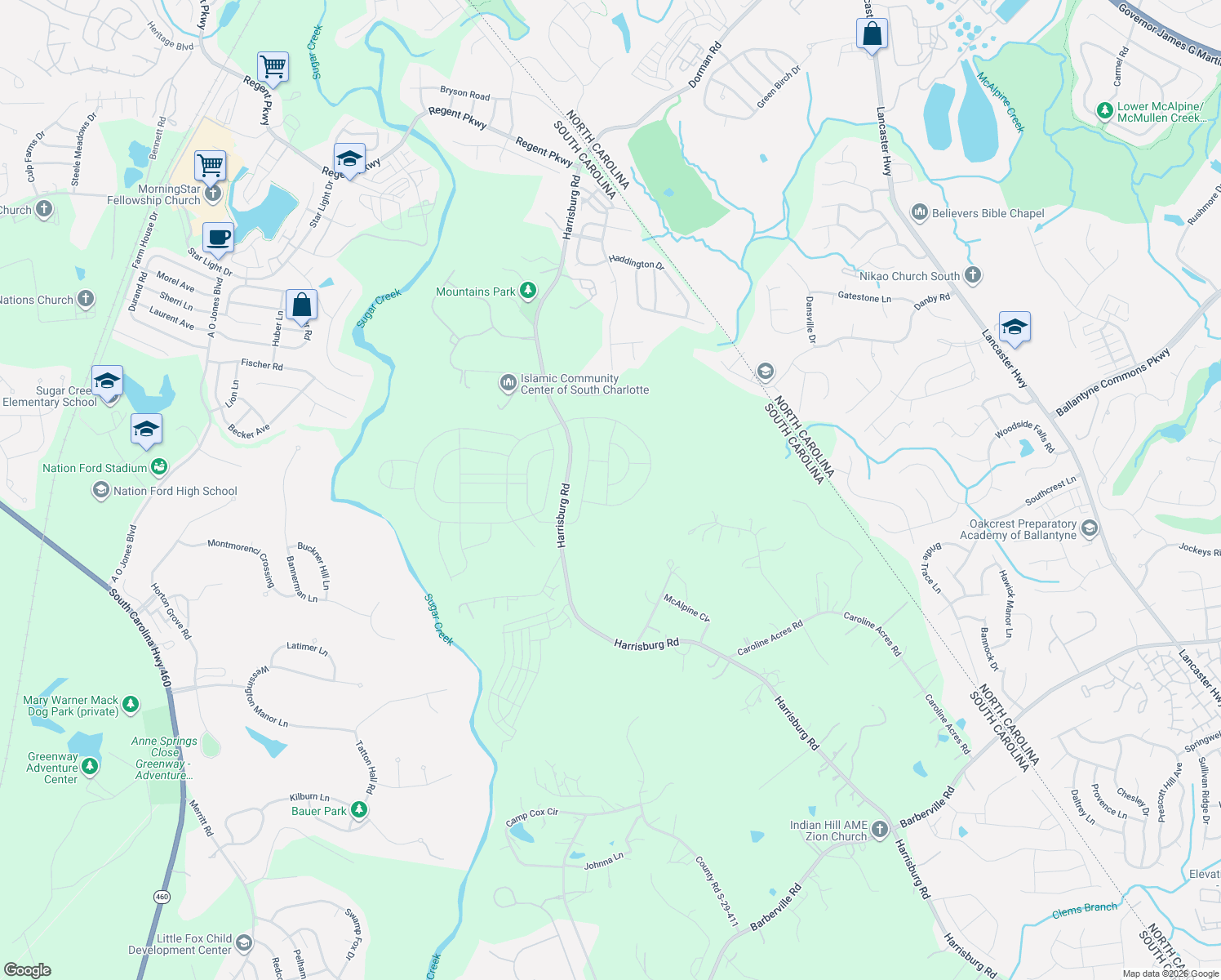 map of restaurants, bars, coffee shops, grocery stores, and more near 11632 Harrisburg Road in Fort Mill