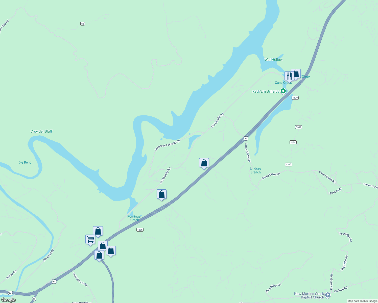 map of restaurants, bars, coffee shops, grocery stores, and more near 1450 Old Murphy Road in Murphy