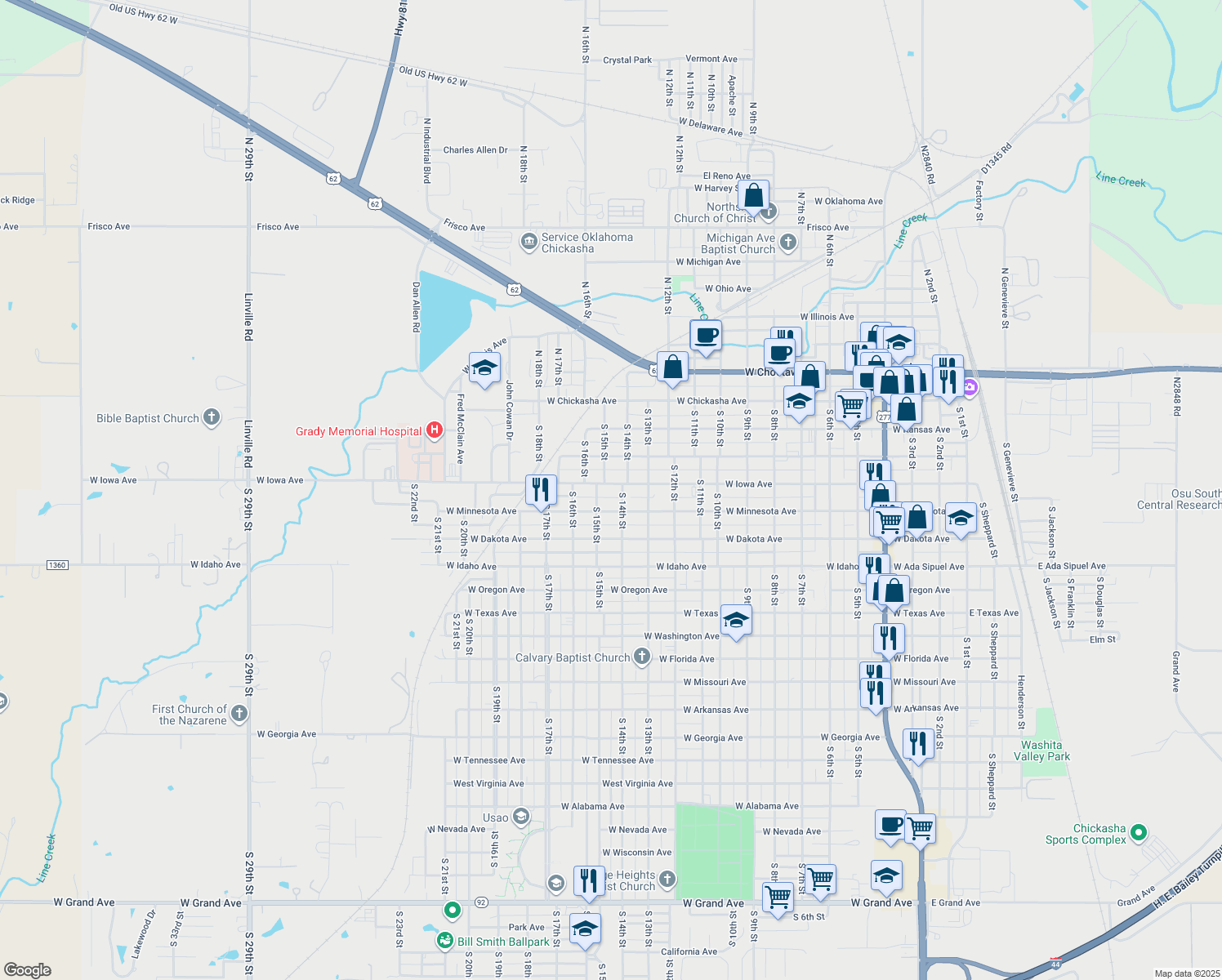 map of restaurants, bars, coffee shops, grocery stores, and more near 1417 West Iowa Avenue in Chickasha