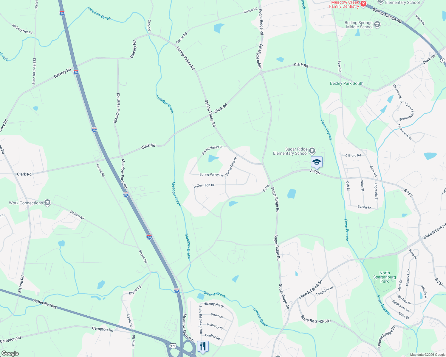 map of restaurants, bars, coffee shops, grocery stores, and more near 442 Burley Glen Dr in Inman