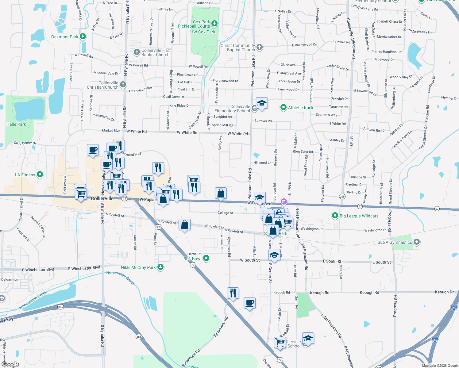 map of restaurants, bars, coffee shops, grocery stores, and more near 274 Amelia Cove in Collierville