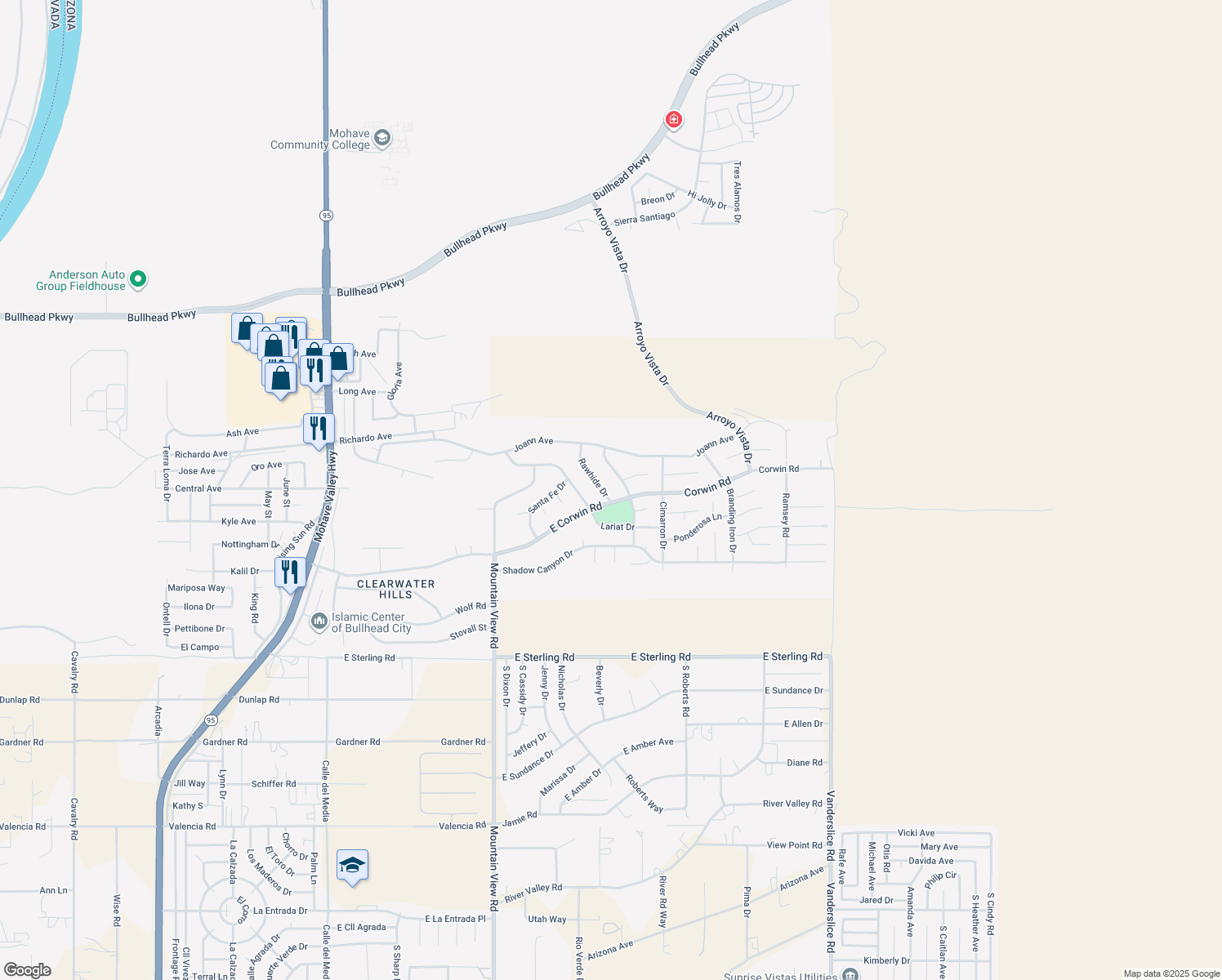 map of restaurants, bars, coffee shops, grocery stores, and more near 3770 Rawhide Drive in Bullhead City